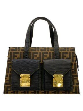 Fendi Handbag Zucca Pattern Black Brown Leather